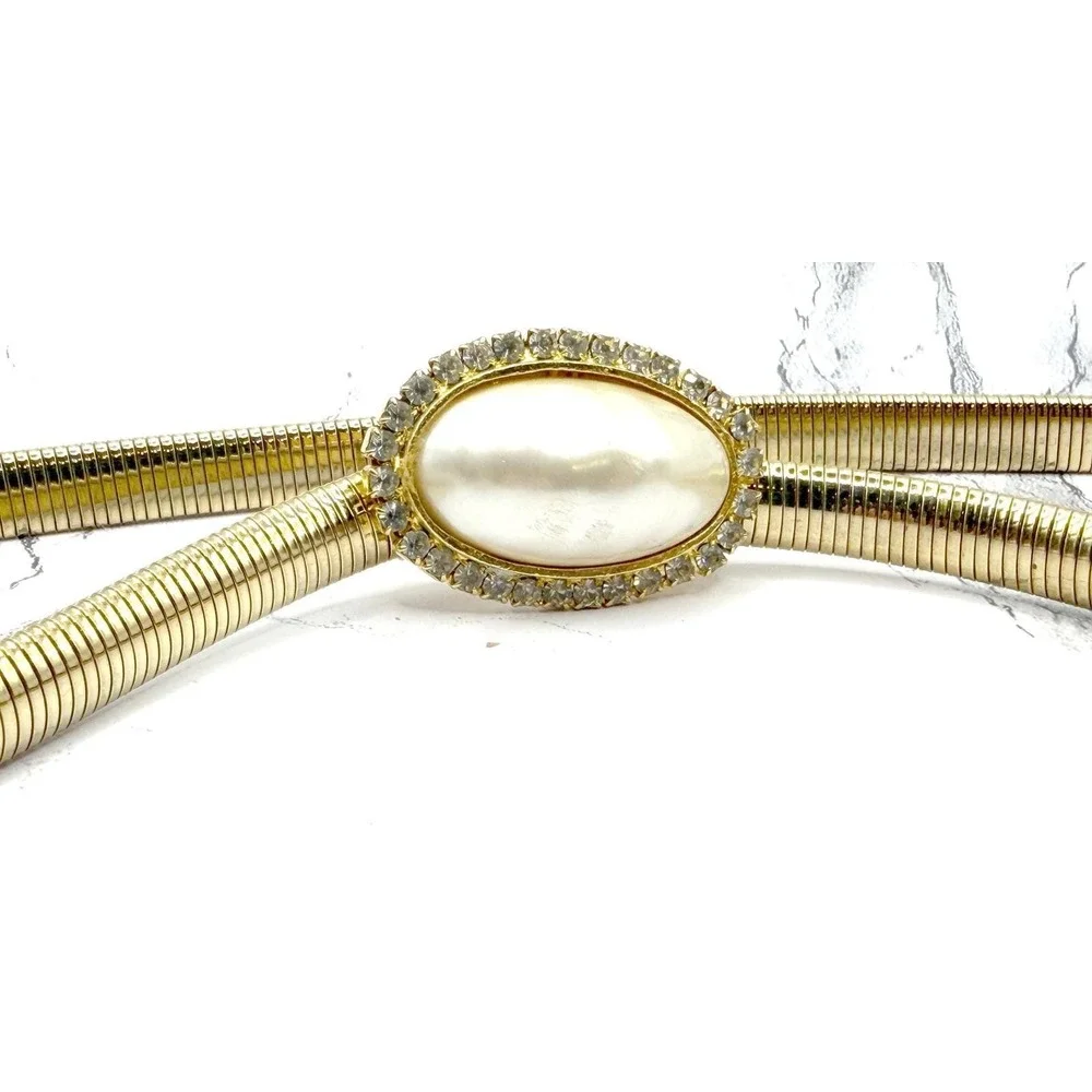 Gold‎ Mesh Belt Faux Pearl Rhinestone Buckle Statement Vintage Style